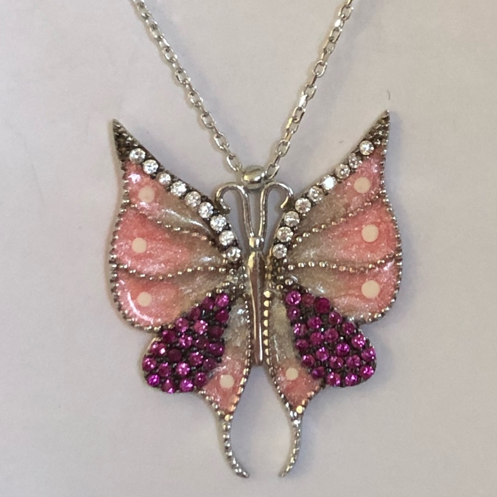 Butterfly 925 silver white pink cz necklace
